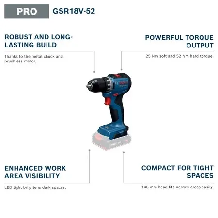 BOSCH GSR 18V-52 PRO Cordless  - Brushless Cordless Electric Drill 18V 评论和价格